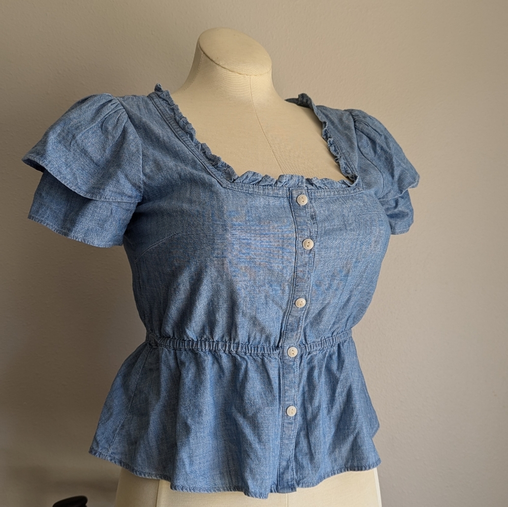 Madewell Chambray Ruffle-Sleeve Peplum Top Small